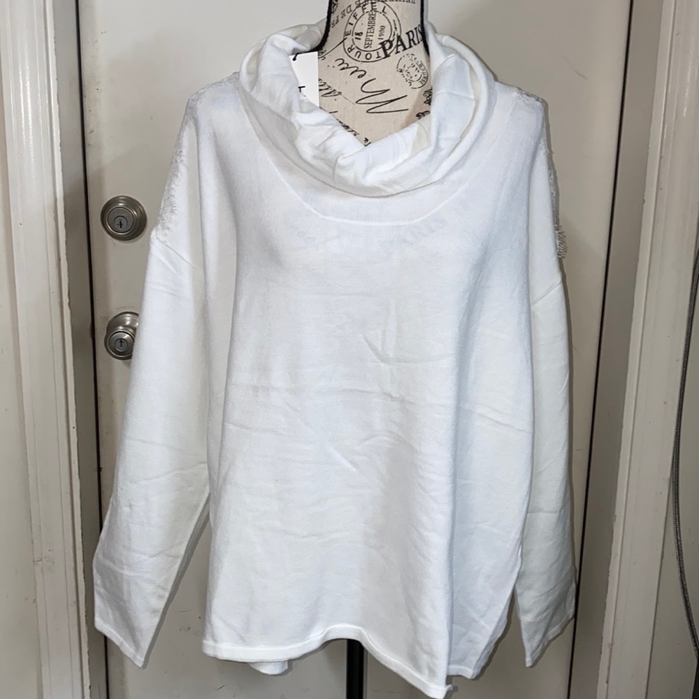 H Halston LS Cowl Neck Lace Mix Pullover Chalk/White Women's Large New with tags